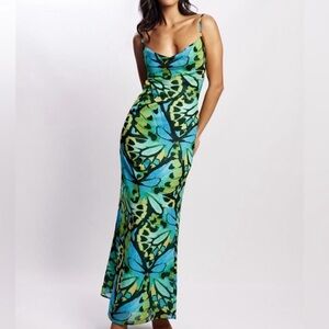 Elegant Green and Blue Butterfly Print Mini Dress